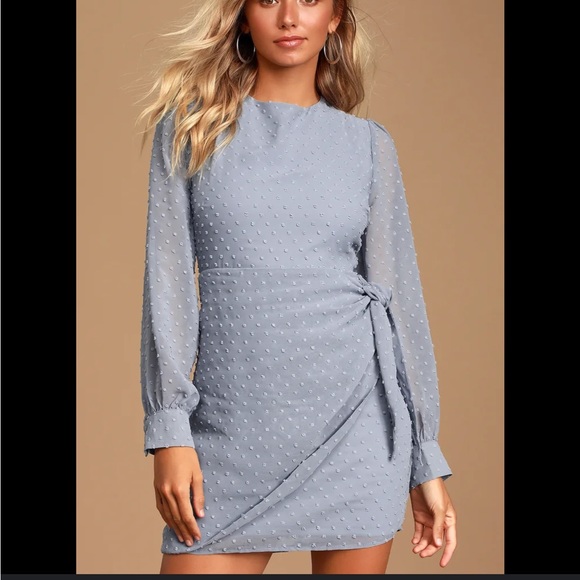 Lulus Much Love Light Blue Swiss Dot Long Sleeve Tie-Front Mini Dress Size M - Picture 2 of 9